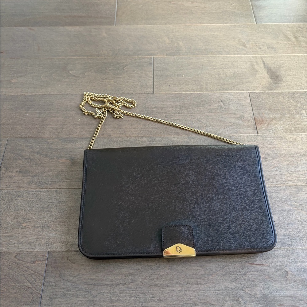 Vintage Dior Brown Leather Clutch with Gold Chain 90s